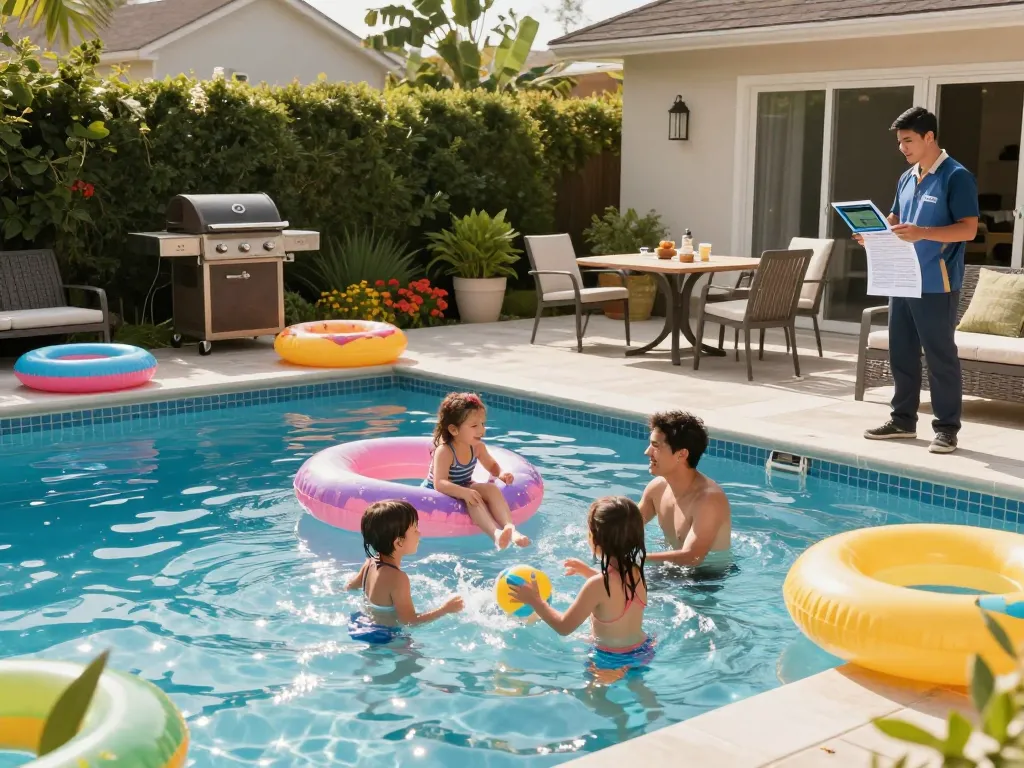 Dolphin Pool Services enhancing family fun in a well-maintained backyard pool, showcasing vibrant landscaping and joyful atmosphere.