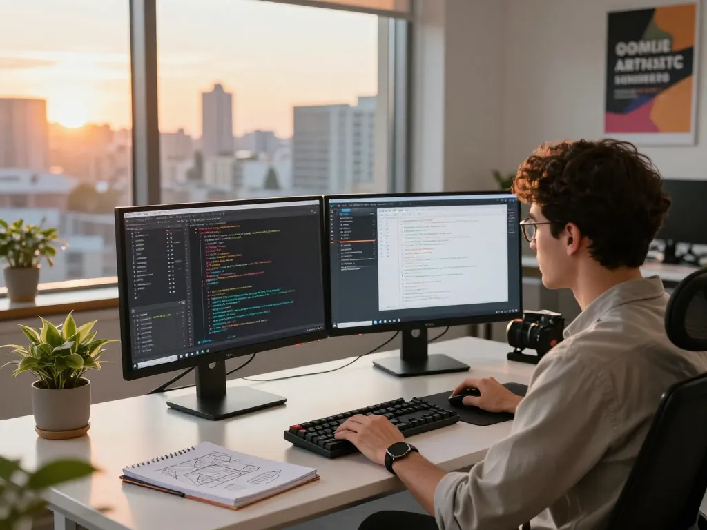 Tech developer coding solutions at a modern workspace with city view, enhancing creativity and innovation through design.
