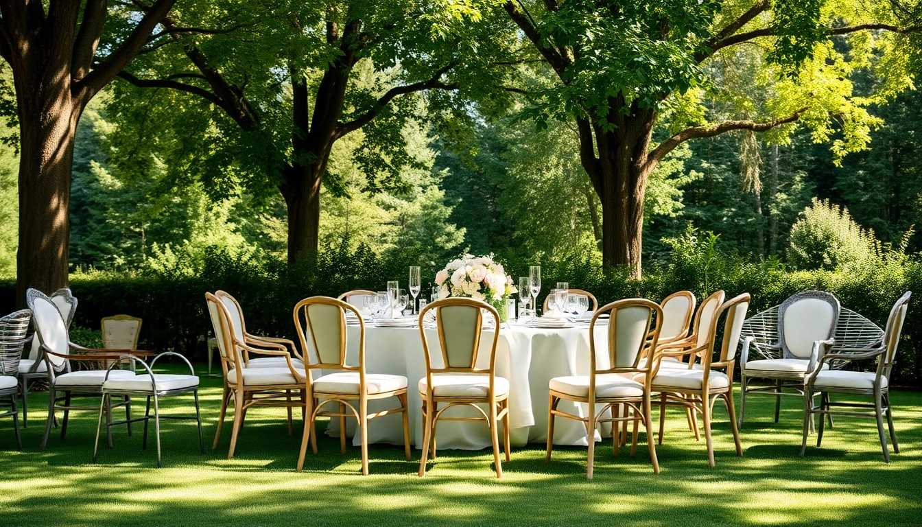 Explore elegant chair rentals in a beautifully arranged outdoor event setup.