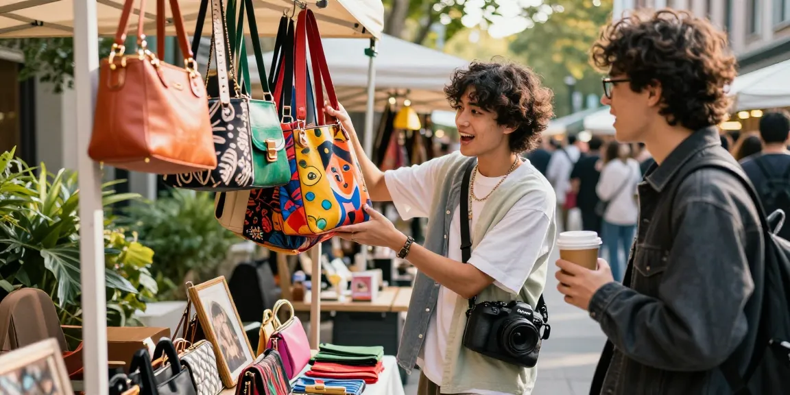 Dynamic shopping scene at a stylish urban market showcasing a variety of 레플리카 쇼핑몰 bags, with a young person happily browsing.