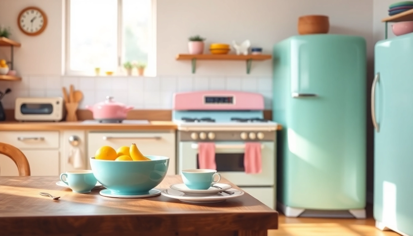 Showcase a colorful retro appliance kitchen with vintage refrigerator and stove in a vibrant setting.