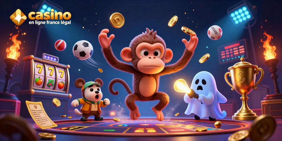 Illustration dynamique mettant en scène des jeux de casino avec le thème 'casino en ligne légal en France'.