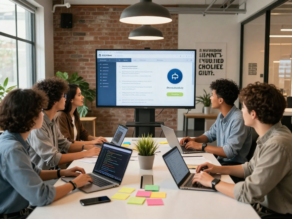 Dynamic team collaborating on the crushon software design in a modern office.