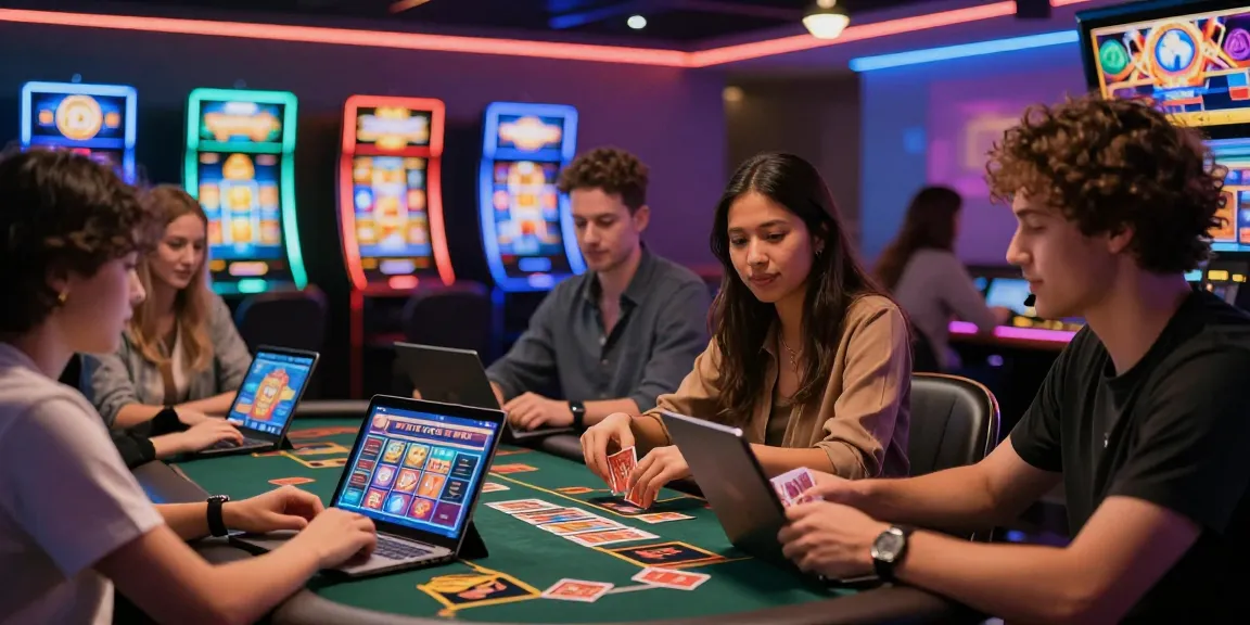 Players enjoying diverse games at online credit card casinos in a vibrant, stylish gaming lounge.