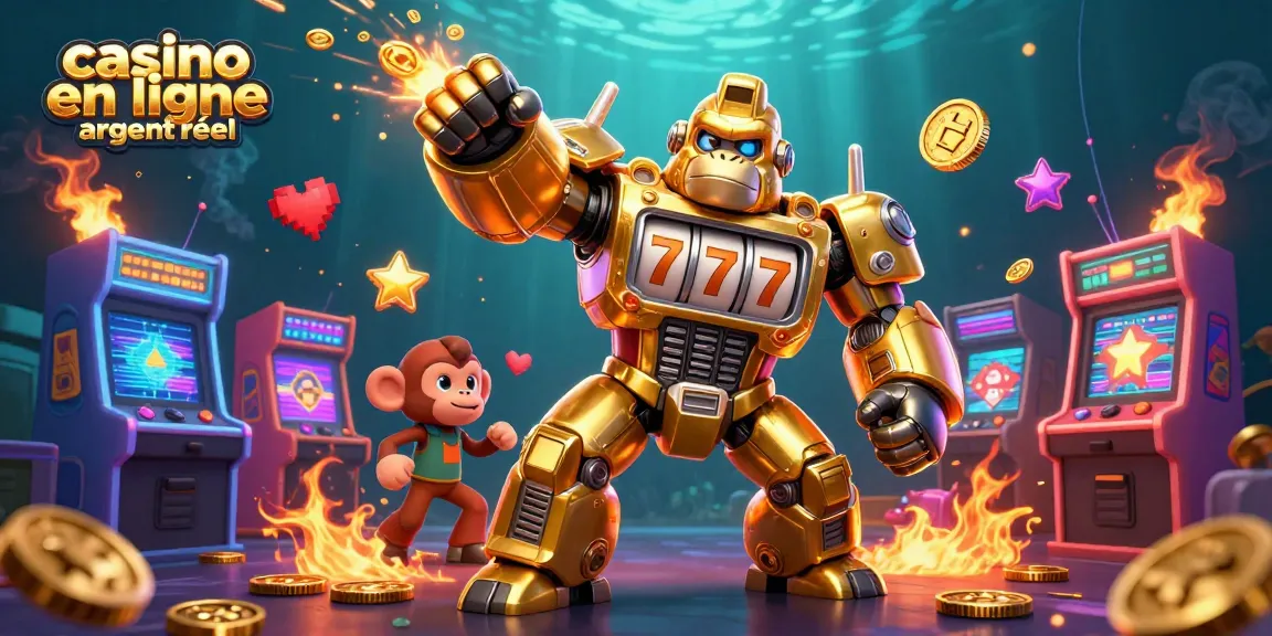 Profitez d'une expérience immersive au casino en ligne argent réel avec un gorille en mech doré et des éléments de jeu dynamiques.