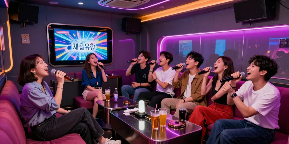 Exciting 제주유흥 nightlife in a vibrant karaoke room, showcasing joyful patrons enjoying music and drinks.