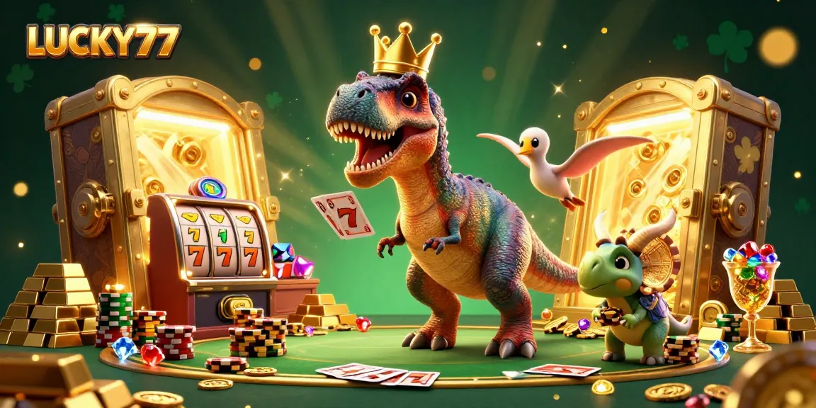 Experience exciting wins at LUCKY77 with a whimsical casino scene of cartoon dinosaurs!