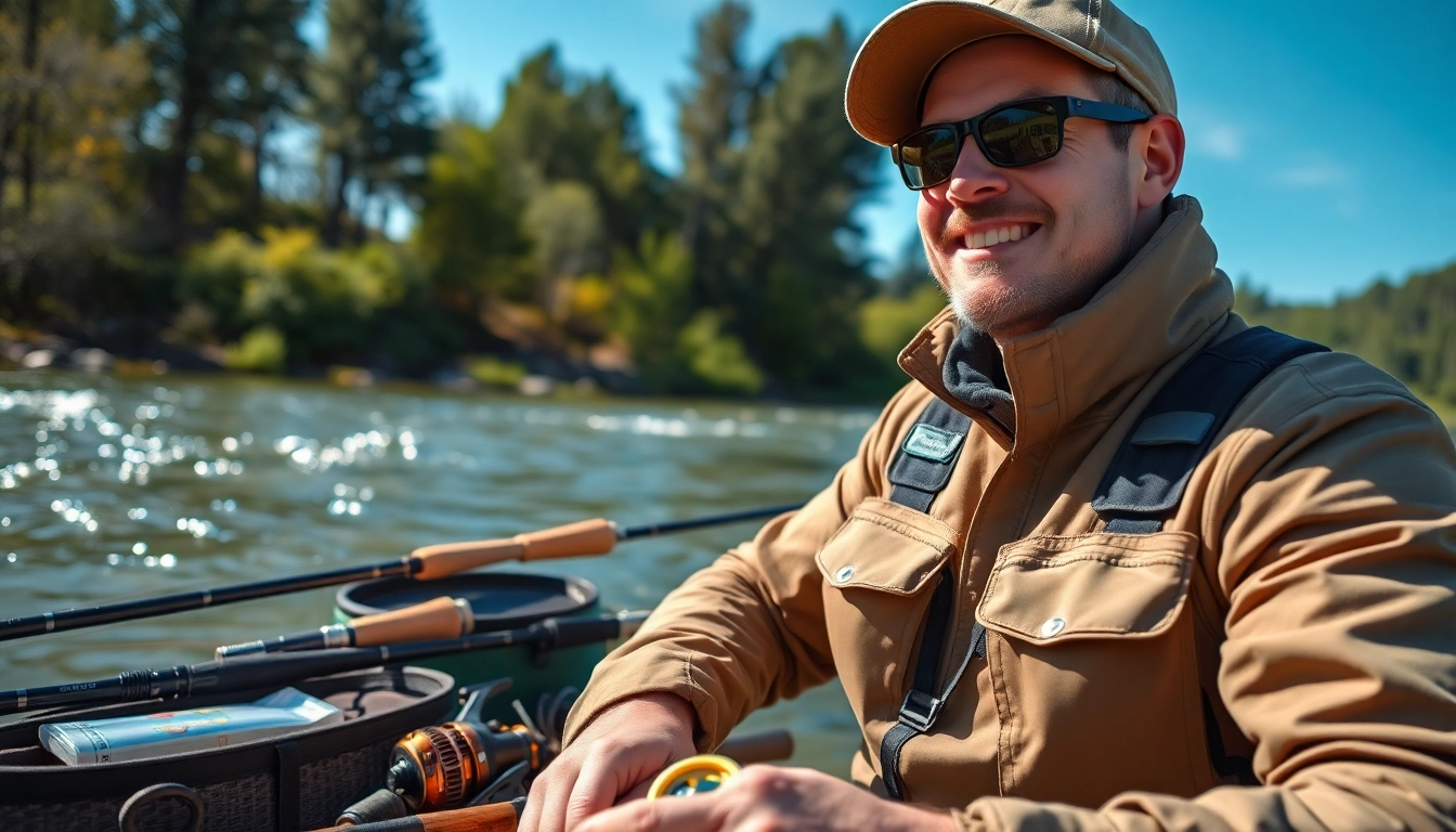 Fisherman enjoying nature with high-quality fly fishing apparel by the river.