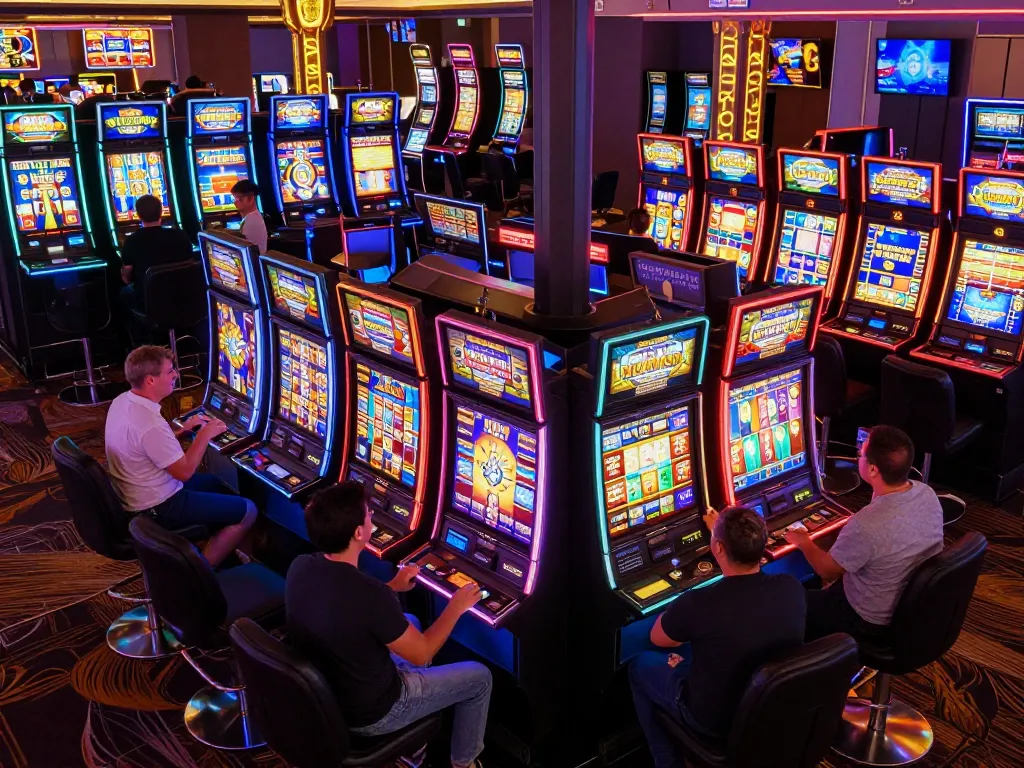 Players enjoying slot kamboja super gacor machines in a lively casino atmosphere during peak hours