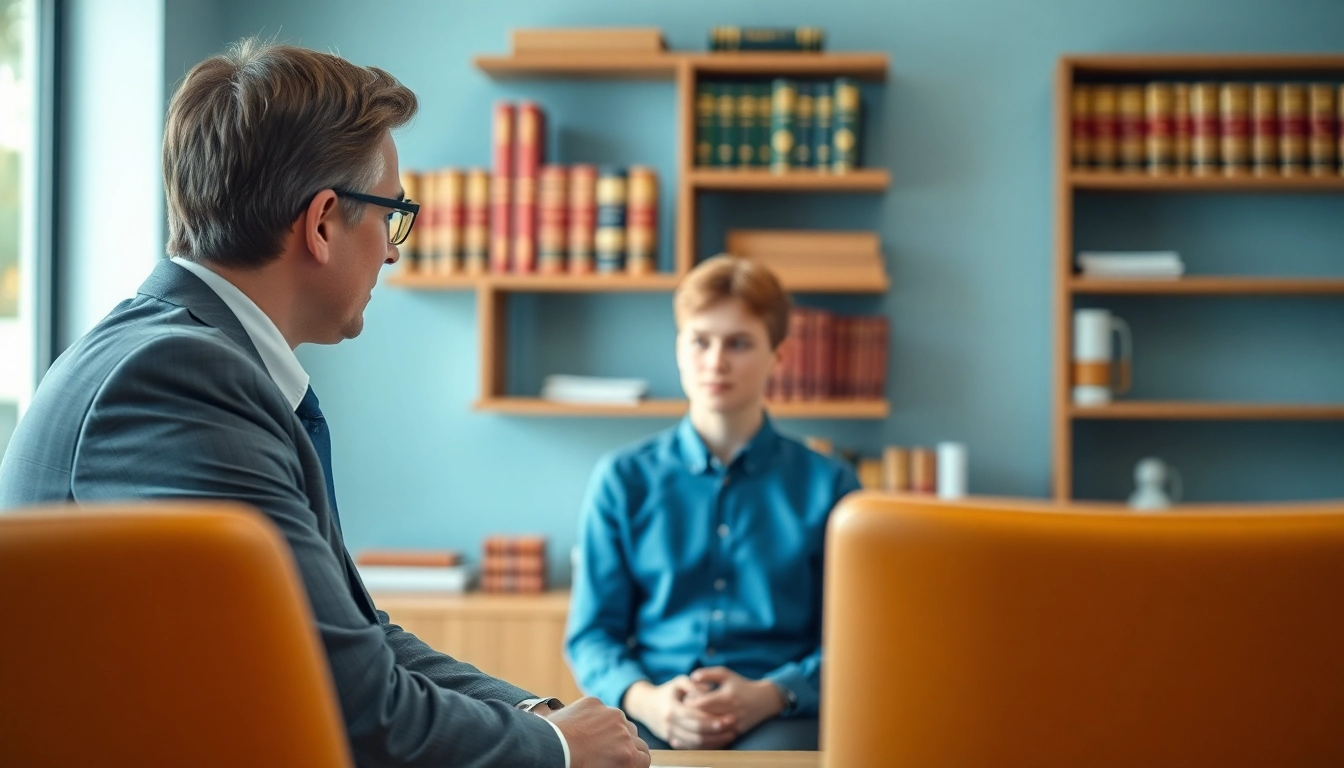 Beratung zum Thema Jugendstrafrecht zwischen Anwalt und Klienten in professioneller Umgebung.