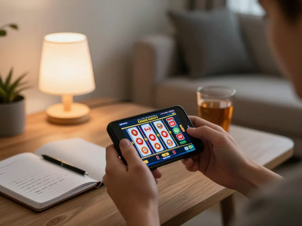 Engaging in Canada online casinos reddit gameplay with a smartphone in a cozy home setting