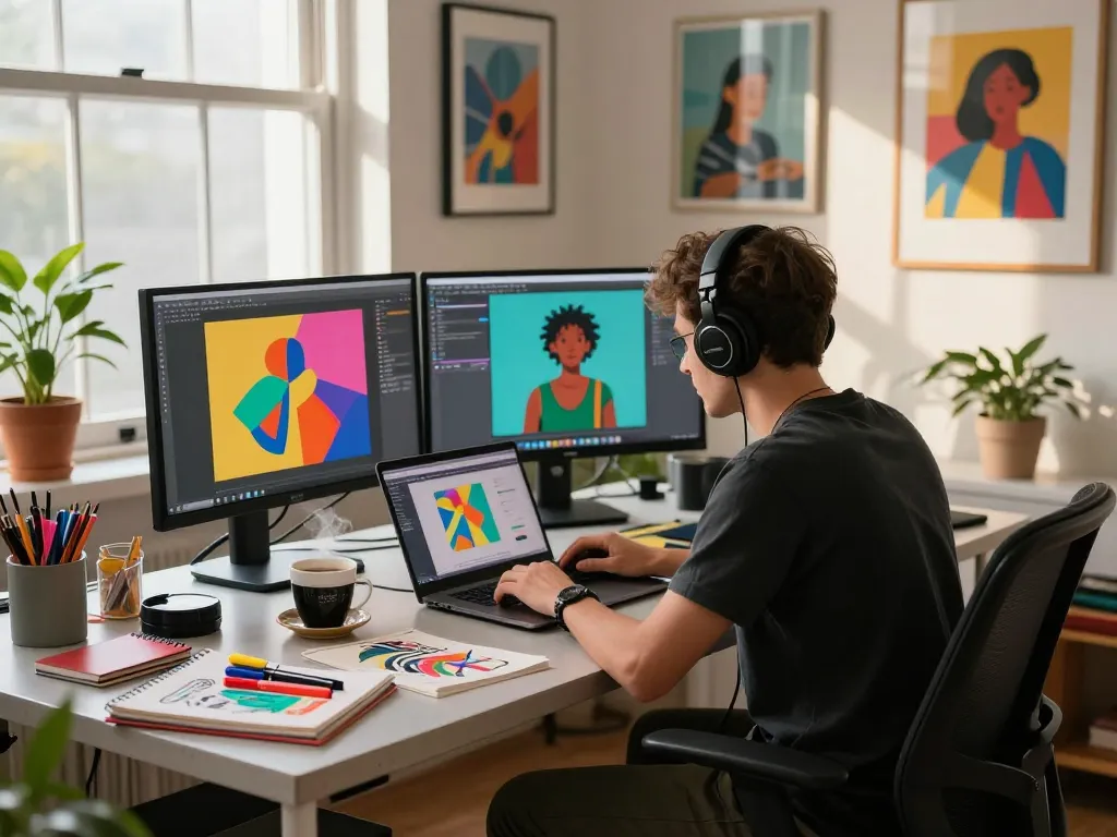 Artist generating image to prompt in a vibrant creative workspace with art supplies and digital screens.