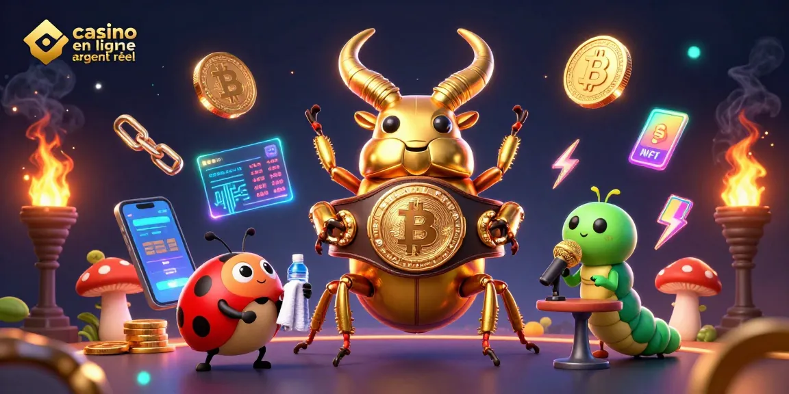 Le combat entre un scarabée doré en boxe et des éléments de crypto, représentant le casino en ligne argent réel.