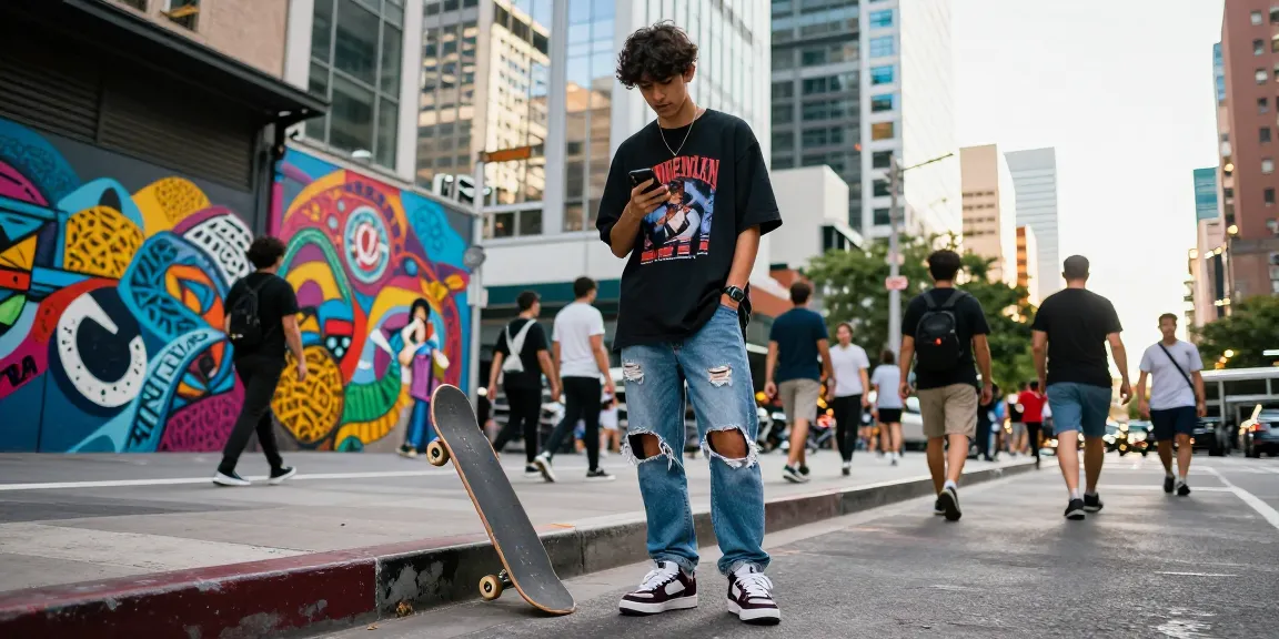 Fashionable streetwear outfit showcased on a model in an urban setting, emphasizing the trendiness of https://shs-dome5.com/ and the vibrant lifestyle.