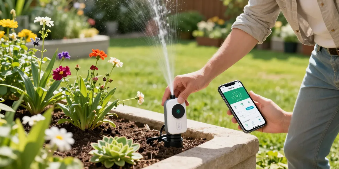 wifi sprinkler controller in a garden, homeowner using app for irrigation control, lush plants around