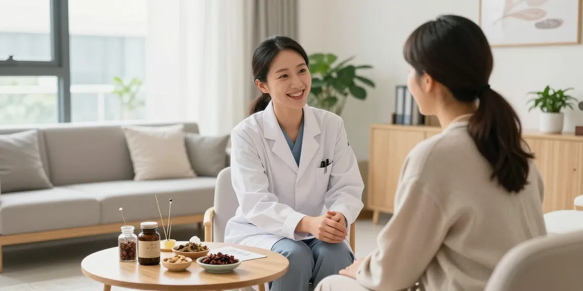 Welcoming scene at 영통한의원 with a practitioner and patient in a serene clinic.