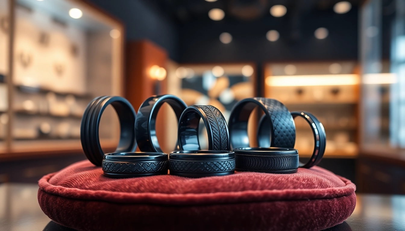 Showcase of elegant black wedding rings for men against a plush background highlighting design features.