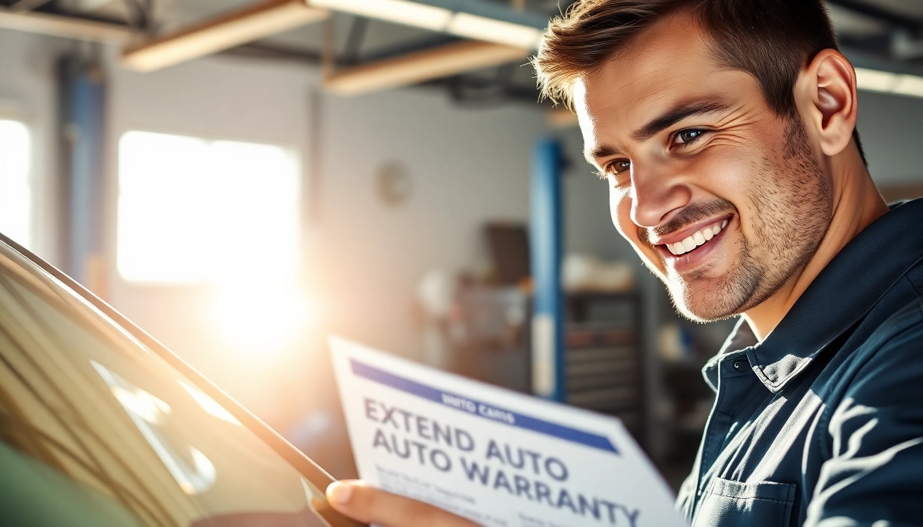 Mechanic reviewing an extended auto warranty contract in a bright auto shop.