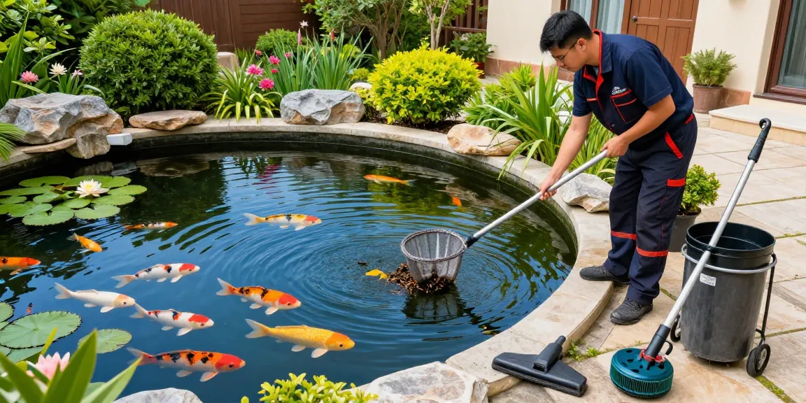 Pond cleaning guy expertly maintaining a backyard water garden by removing debris with a net.