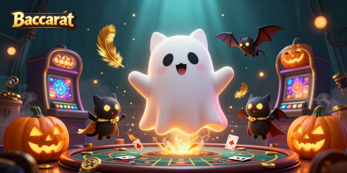 Baccarat game featuring a ghost cat and bat companions amidst poker elements in a haunted casino.