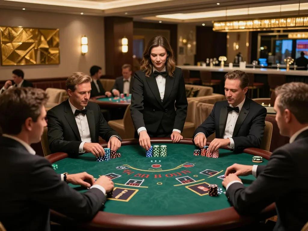 sunwinapk players strategizing at blackjack table in upscale casino setting with soft lighting