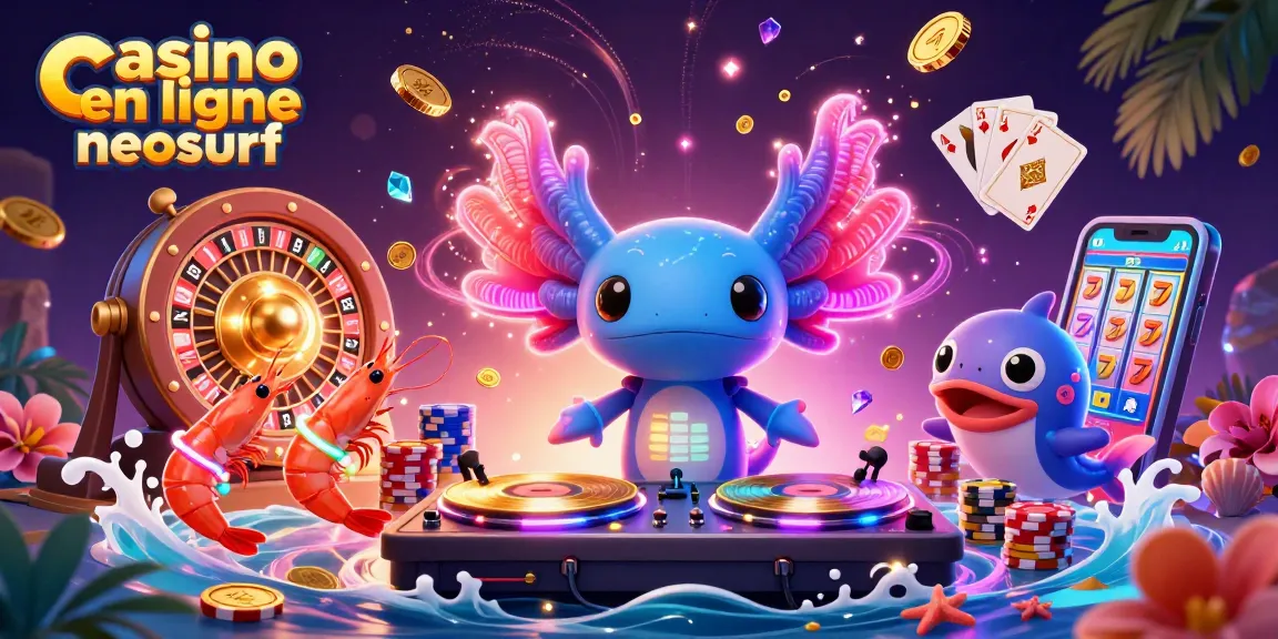 Le casino en ligne Neosurf est illustré avec un DJ axolotl vibrant, des crevettes dansantes et un poisson battant le rythme.