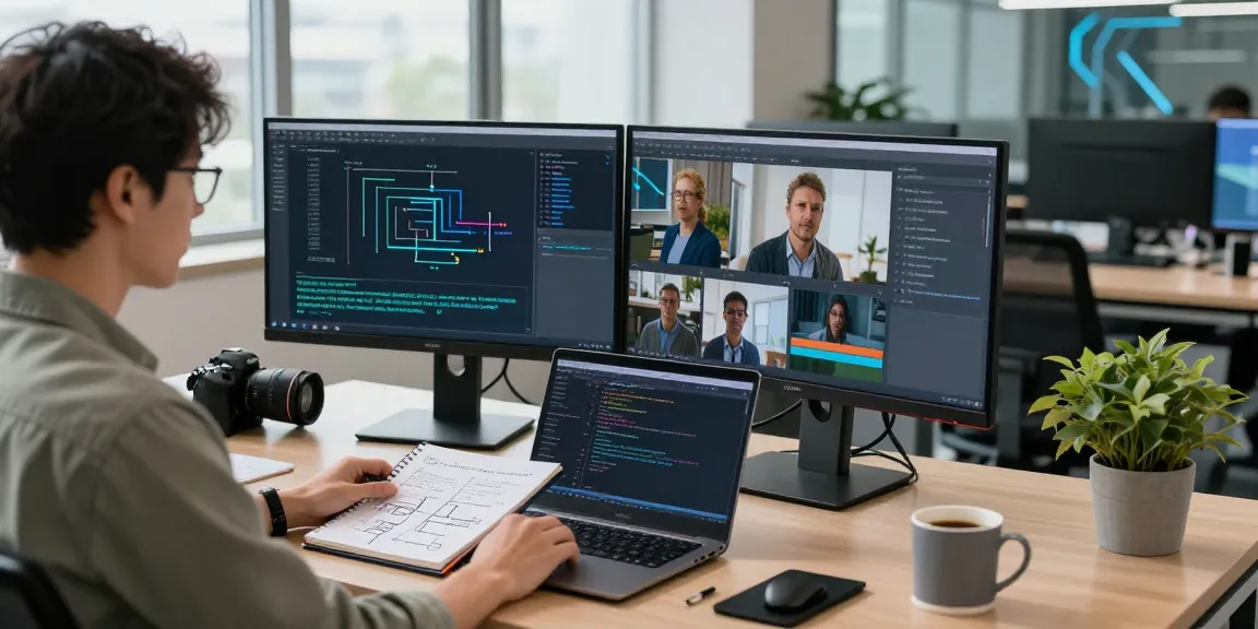 AI detector technology workspace where a data scientist analyzes image moderation results with dual monitors and a laptop.