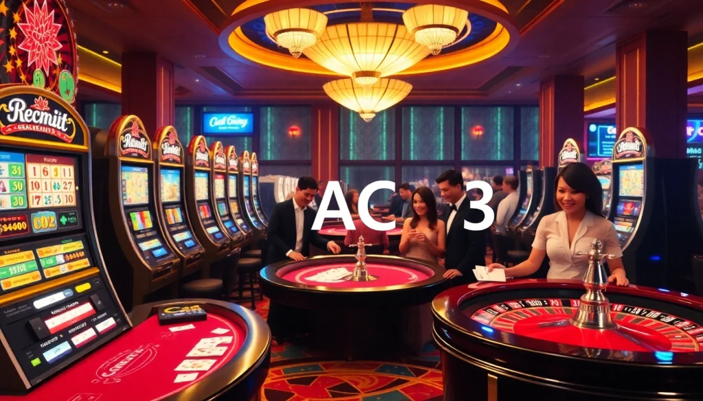 Exciting casino scene showcasing KJC AC 3 elements with tables, slot machines, and vibrant games.