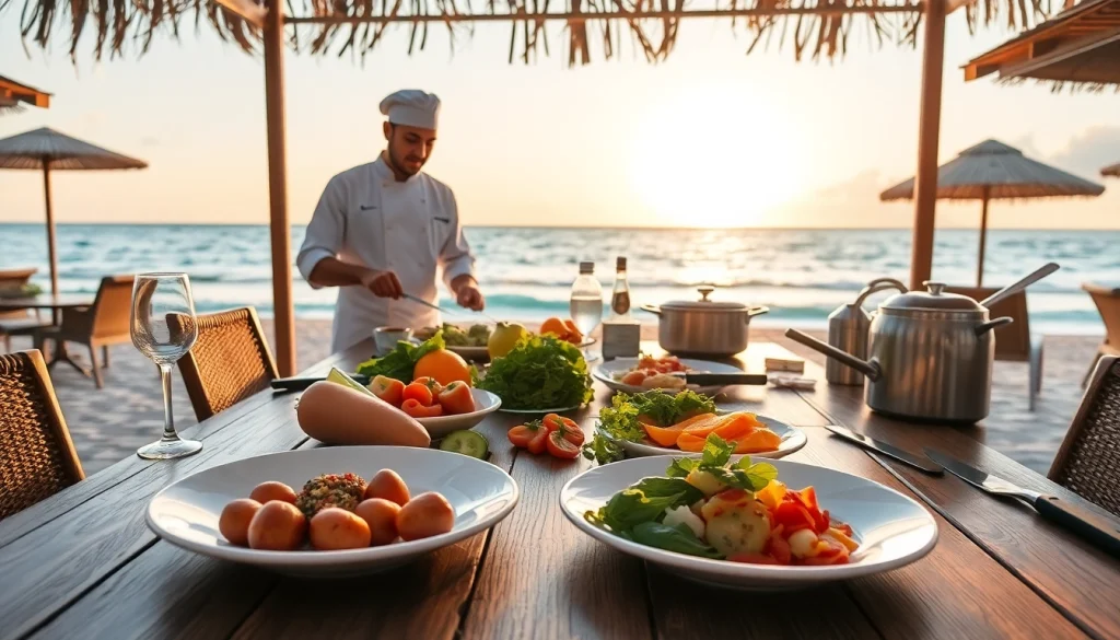 Sint Maarten private chef prepares a gourmet meal on a beautiful beachfront setting.