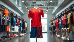 Showcasing a vibrant Team kit on display in a sports shop, highlighting details and colors.
