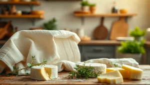 Kaasdoek met verse kaas en kruiden op een rustieke tafel in een zonnige keuken.
