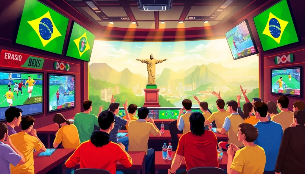 Engaging scene of sports betting showcasing best sports betting sites in Brazil with enthusiastic patrons.