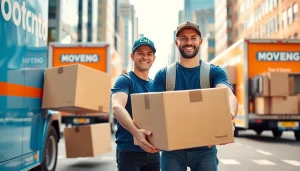 Toronto movers expertly handling boxes in a bright urban setting