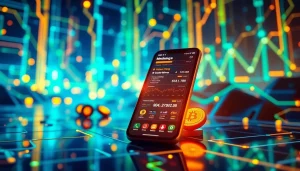 Dynamic visual of a crypto mining app interface on a smartphone with glowing coins and charts.