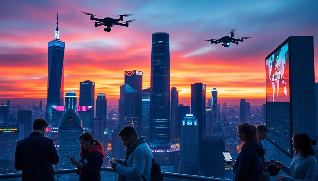 Technology advancement represented through a vibrant cityscape featuring professionals and high-tech devices.