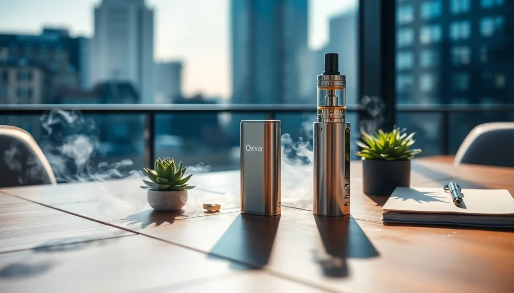 Entdecken Sie den eleganten Oxva in einem modernen urbanen Umfeld mit Dampfwolken.