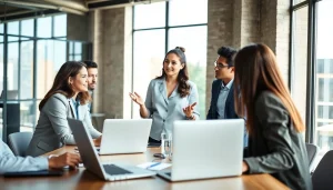 Engaged team discussing seo services in malaysia strategies in a bright office.