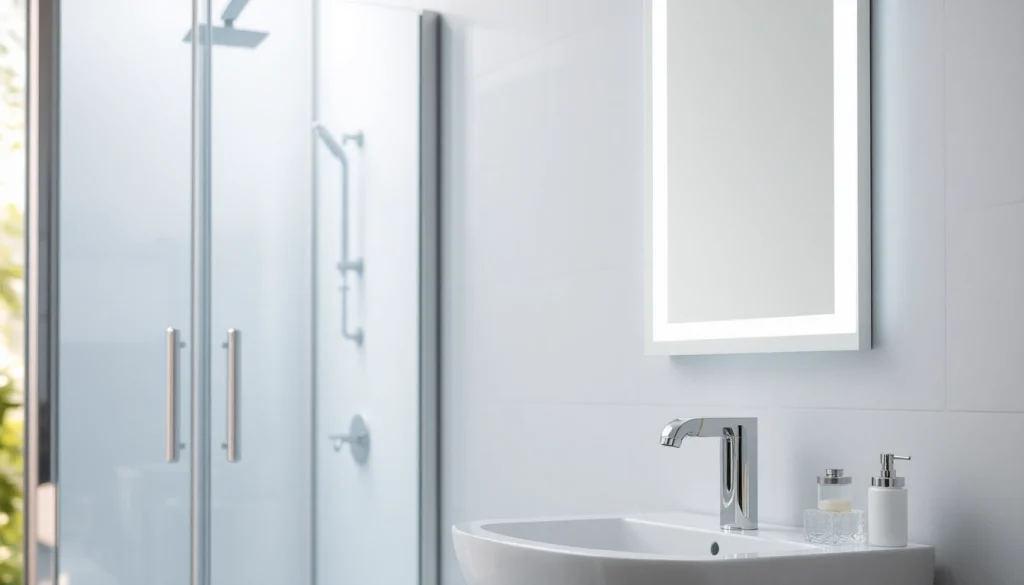 Sirhona France showcases an elegant shower enclosure and LED mirror in a luxurious bathroom.