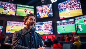 실시간 스포츠중계를 설명하는 스포츠 방송 스튜디오의 장면
