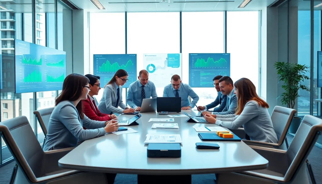 IT specialists collaborating over Business IT Solutions in a modern office environment.