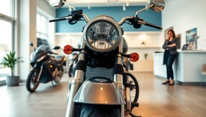 Motorrad verkaufen in einem hellen Autohaus mit einem glänzenden Motorrad im Vordergrund.