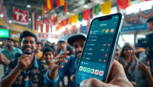 Engaged users exploring sports betting apps India on mobile devices amidst a lively market.
