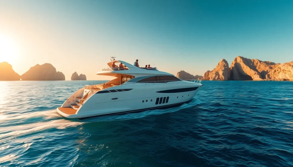 Discover Yacht rental Cabo prices on a luxury yacht against a vibrant Cabo sunset.