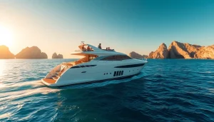 Discover Yacht rental Cabo prices on a luxury yacht against a vibrant Cabo sunset.