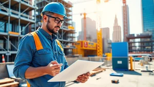 Manhattan General Contractor supervising a construction site with cranes and plans in hand.