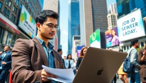 Job Help resources shown with a confident job seeker in a bustling cityscape.