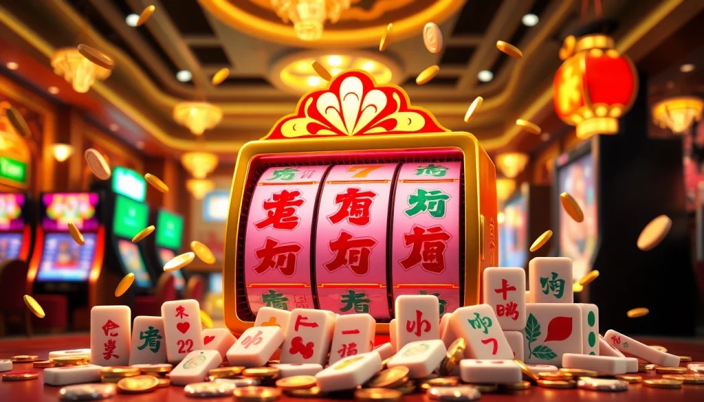 Mainkan slot demo mahjong dengan simbol mahjong yang berkilau dan suasana kasino yang semarak.