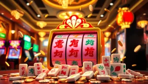 Mainkan slot demo mahjong dengan simbol mahjong yang berkilau dan suasana kasino yang semarak.