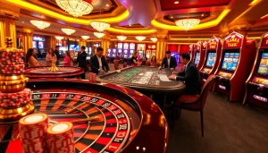 Experience the thrill of gambling at https://jun88buzz.info/ with a luxurious casino scene capturing excitement at the roulette table.