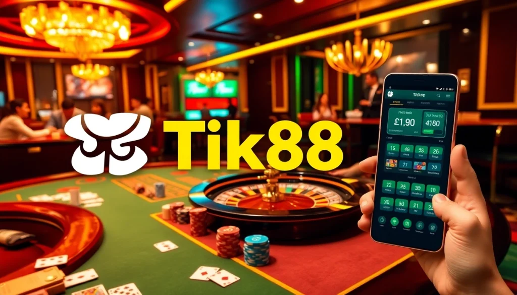 Trải nghiệm sự hứng khởi của Tik88 cùng người chơi tại bàn casino động đầy chip và thẻ bài.